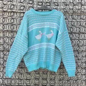Vintage 80s 90s Kate Collins Pastel Country Goose Fair Isle Knit Sweater XXL?